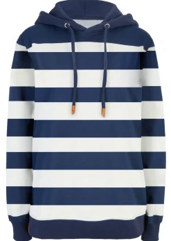 bonprix bonprix Sudadera con capucha de algodón puro azul marino-crema suave con rayas New