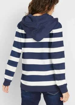 bonprix bonprix Sudadera con capucha de algodón puro azul marino-crema suave con rayas New