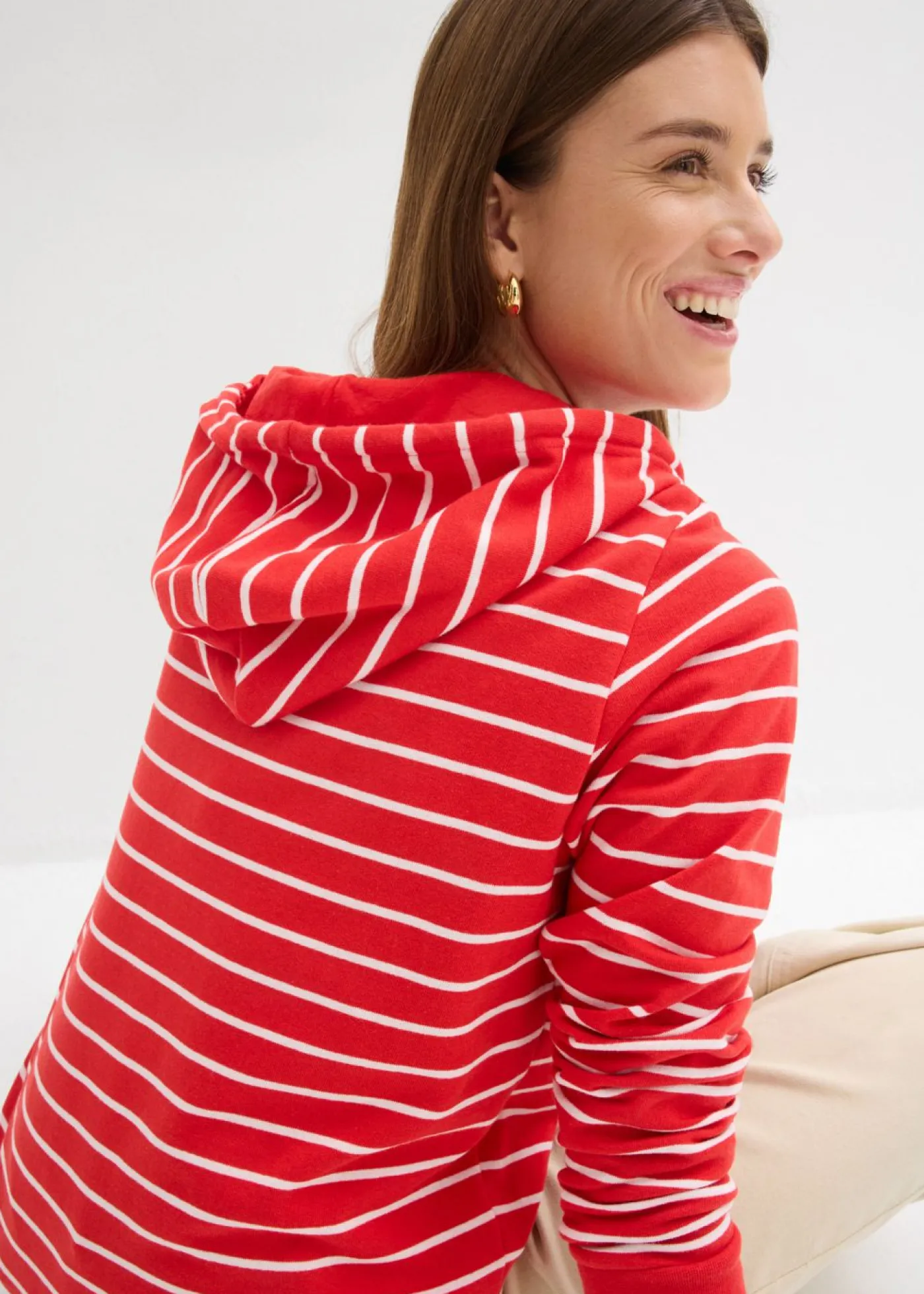 bonprix bonprix Sudadera con capucha de mezcla de algodón fresa-blanco con rayas Outlet