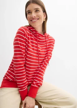 bonprix bonprix Sudadera con capucha de mezcla de algodón fresa-blanco con rayas Outlet