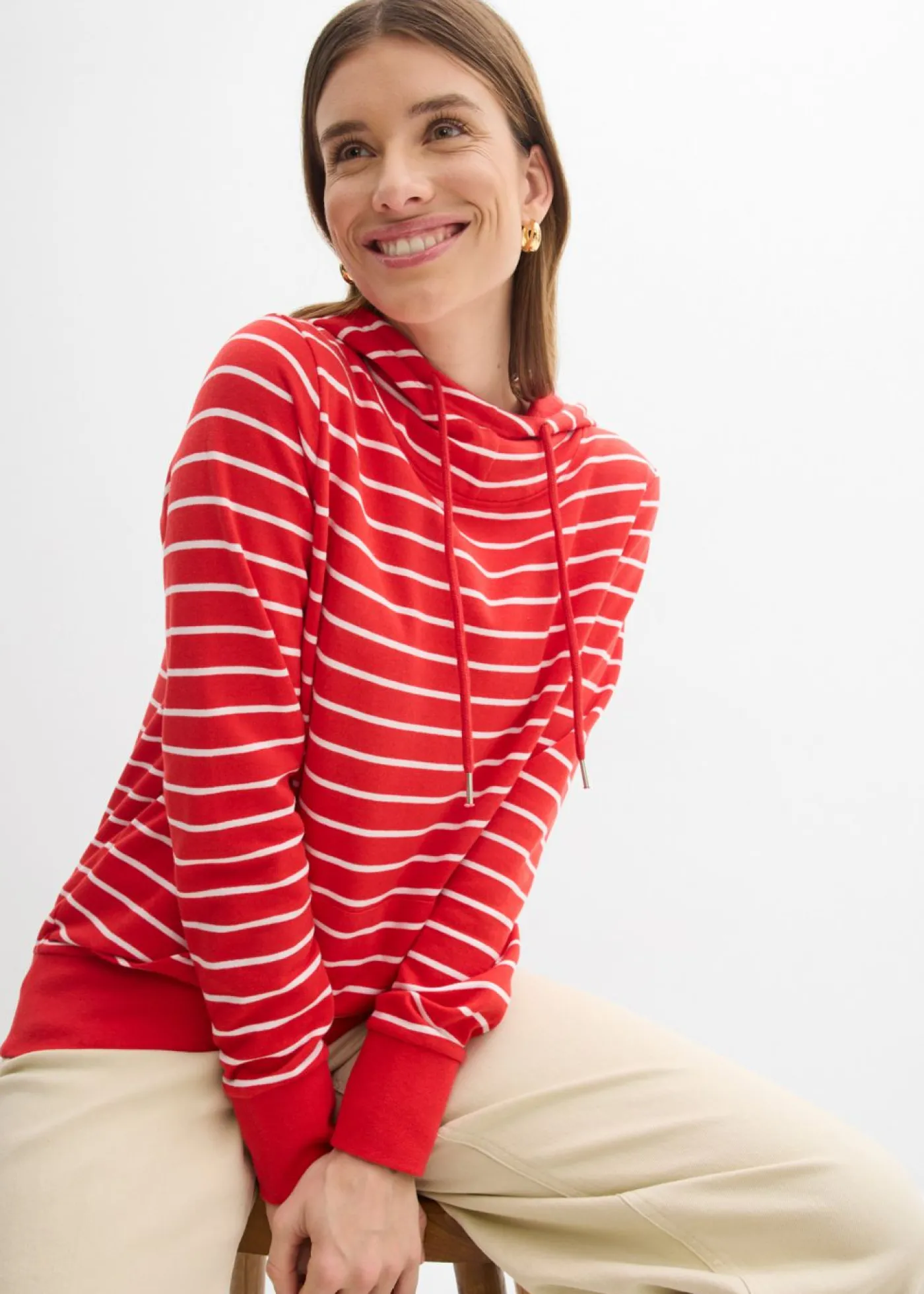 bonprix bonprix Sudadera con capucha de mezcla de algodón fresa-blanco con rayas Outlet
