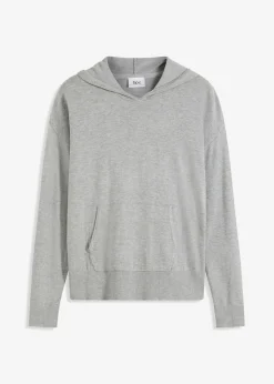 bonprix bonprix Sudadera con capucha de punto y bolsillo canguro en mezcla de viscosa Gris claro jaspeado Clearance