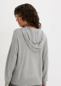 bonprix bonprix Sudadera con capucha de punto y bolsillo canguro en mezcla de viscosa Gris claro jaspeado Clearance