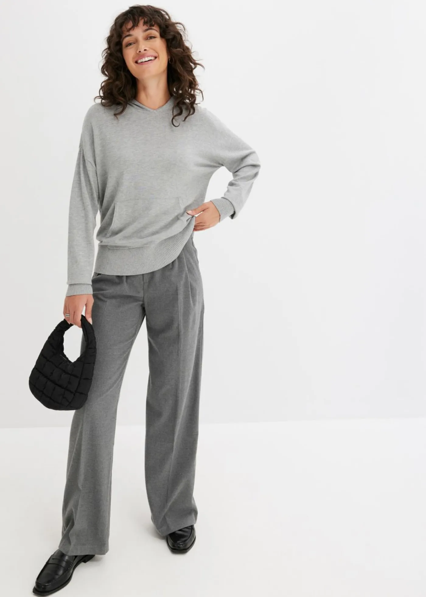 bonprix bonprix Sudadera con capucha de punto y bolsillo canguro en mezcla de viscosa Gris claro jaspeado Clearance
