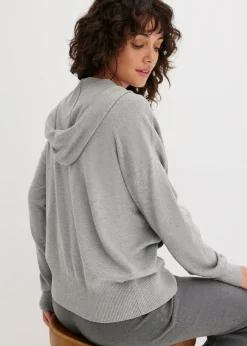 bonprix bonprix Sudadera con capucha de punto y bolsillo canguro en mezcla de viscosa Gris claro jaspeado Clearance