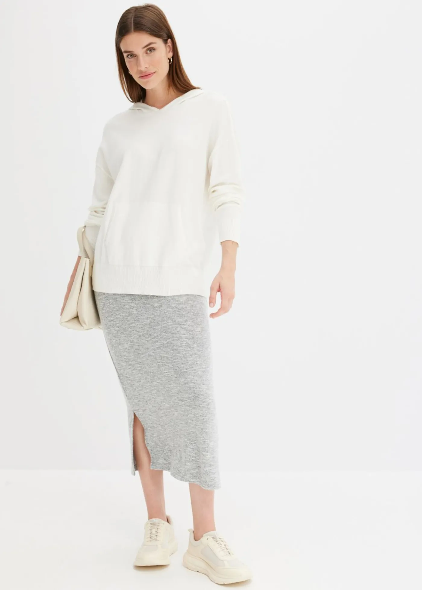bonprix bonprix Sudadera con capucha de punto y bolsillo canguro en mezcla de viscosa Blanco lana Clearance