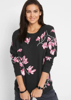 bonprix bonprix Sudadera con estampado de flores de corte holgado Negro con flores Sale
