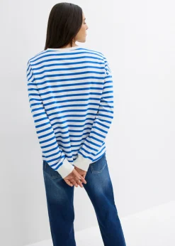 bonprix bonprix Sudadera de algodón orgánico con manga larga y diseño de rayas beige-azul ártico con rayas Online