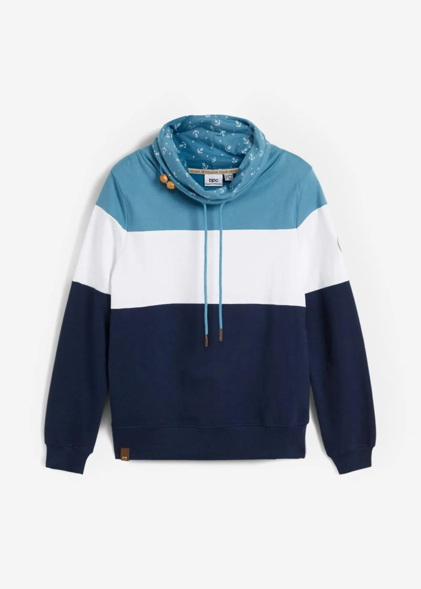bonprix bonprix Sudadera de algodón puro con cuello estampado azul mate-blanco-azul marino Best