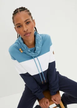 bonprix bonprix Sudadera de algodón puro con cuello estampado azul mate-blanco-azul marino Best