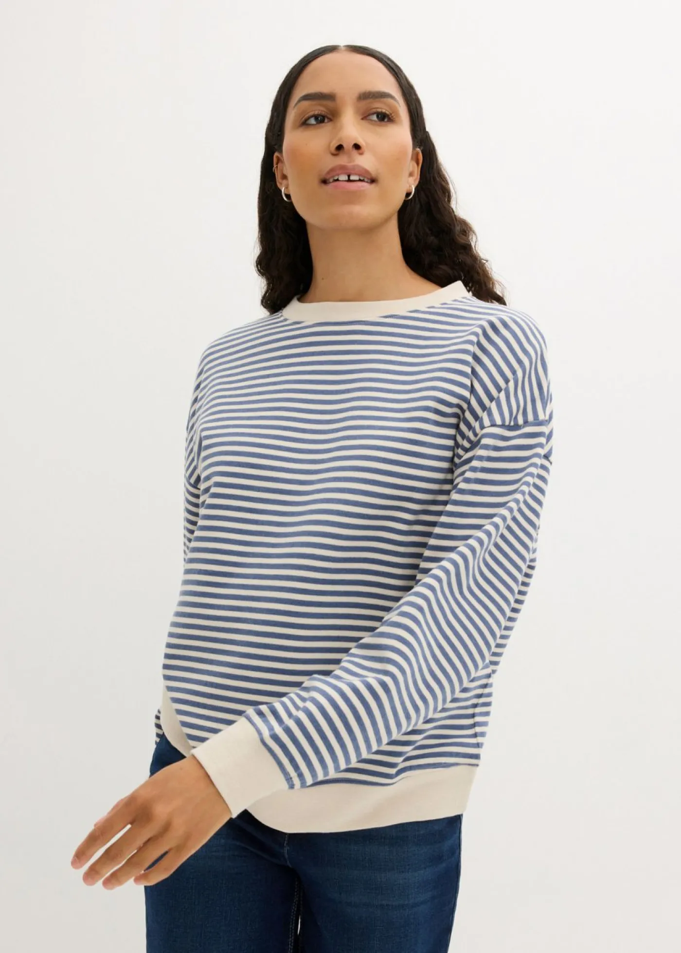 bonprix bonprix Sudadera holgada Denim-blanco lana de rayas Hot