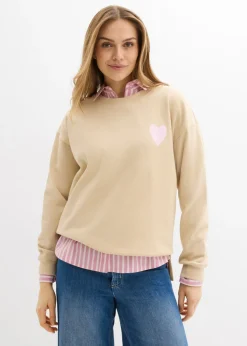 bonprix bonprix Sudadera holgada de algodón orgánico Arena claro/rosa cristal estampado Online