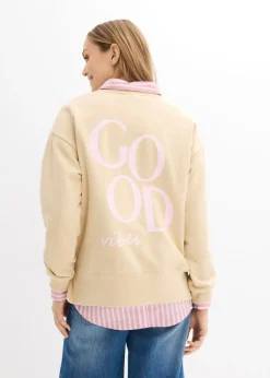 bonprix bonprix Sudadera holgada de algodón orgánico Arena claro/rosa cristal estampado Online
