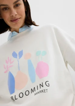 bonprix bonprix Sudadera holgada en mezcla de algodón Blanco lana estampado Outlet