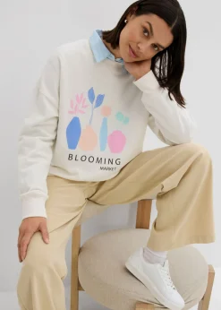 bonprix bonprix Sudadera holgada en mezcla de algodón Blanco lana estampado Outlet