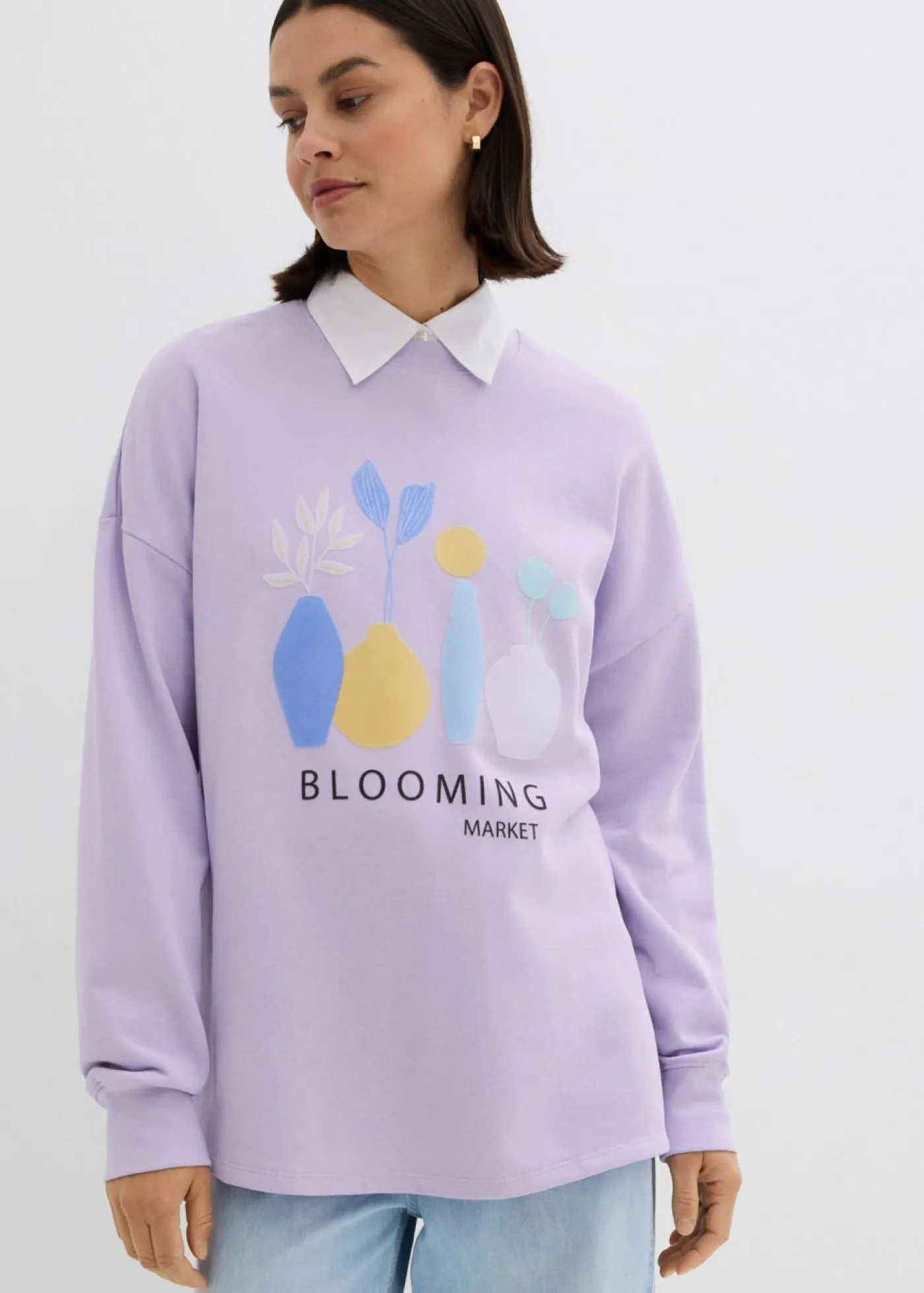 bonprix bonprix Sudadera holgada en mezcla de algodón Lila pastel estampado