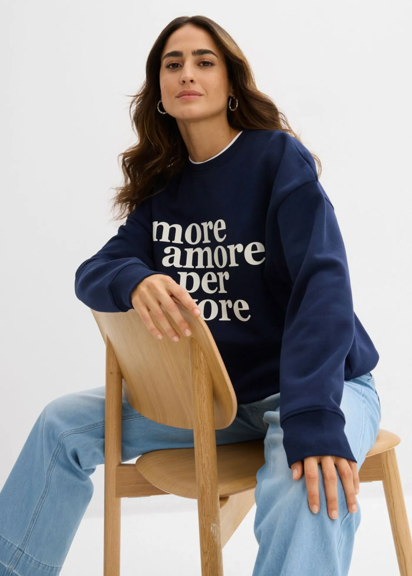 bonprix bonprix Sudadera oversize de mezcla de algodón Azul marino-blanco Sale