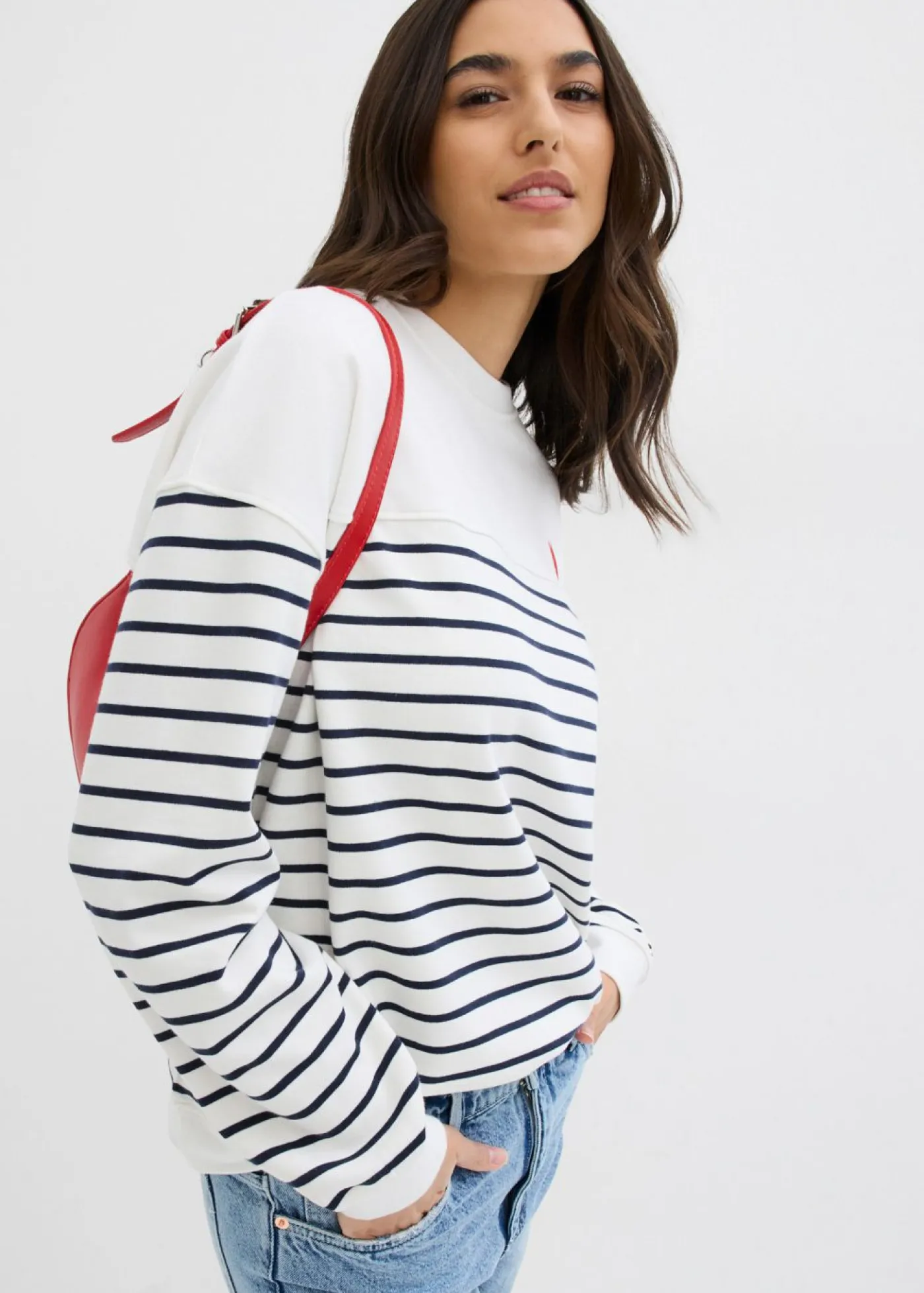 bonprix bonprix Sudadera oversize de mezcla de algodón Blanco lana-azul marino con rayas New