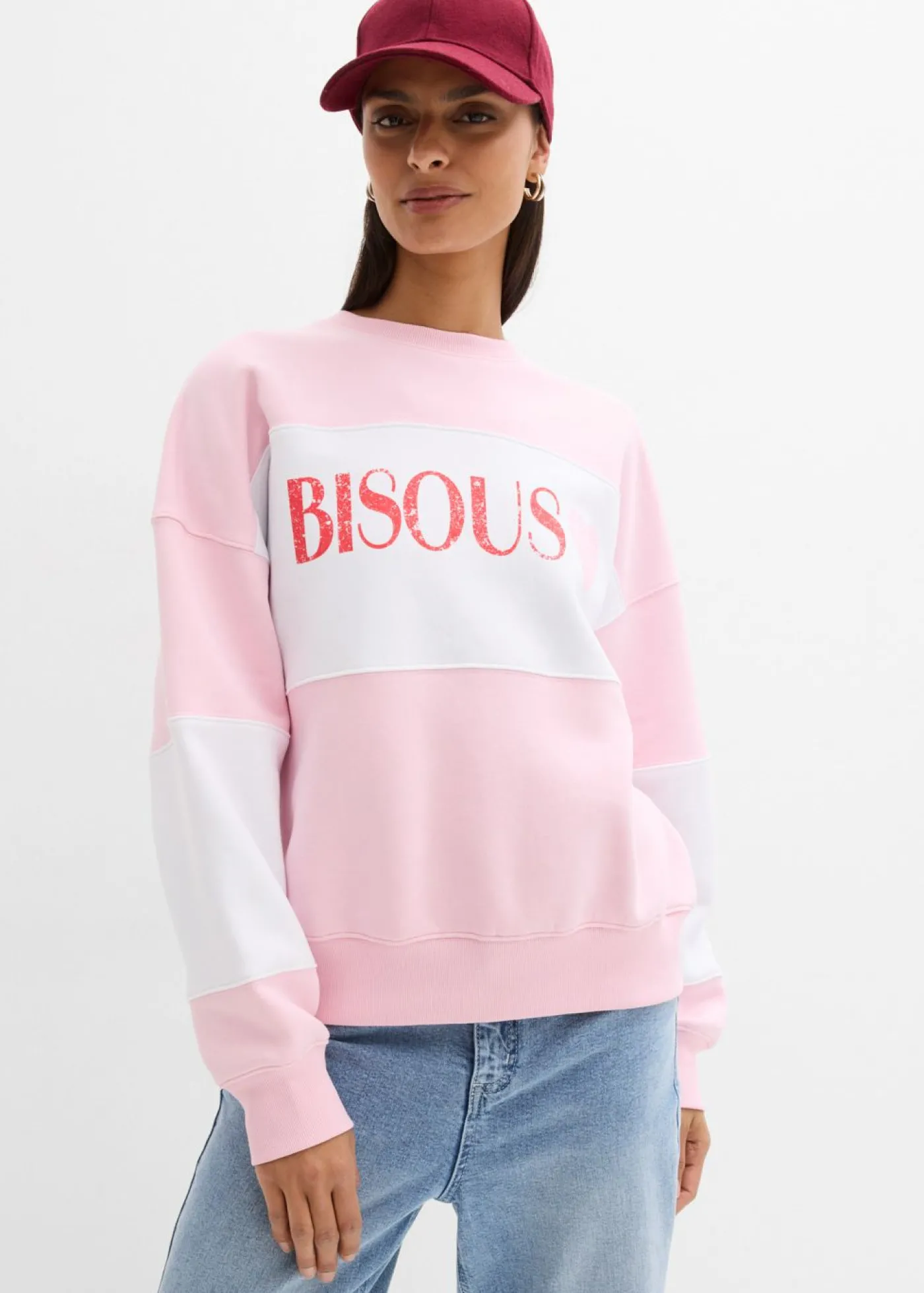 bonprix bonprix Sudadera oversize en suave mezcla de algodón rosa cristal-blanco Clearance