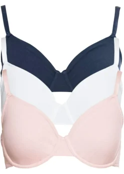 bonprix bonprix Sujetador básico de algodón orgánico con aros (3 unidades) Azul oscuro/blanco/rosa perla Outlet