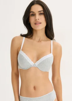 bonprix bonprix Sujetador con aros de algodón y encaje Gris claro jaspeado-blanco Hot