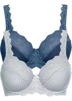 bonprix bonprix Sujetador con aros y encaje delicado (2 unidades) Plateado mate estampado + azul marino Sale