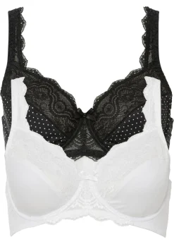 bonprix bonprix Sujetador con aros y encaje delicado (2 unidades) Negro de lunares + blanco lana New