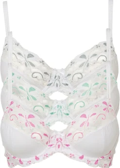 bonprix bonprix Sujetador con aros y encaje delicado (3 unidades) blanco-rosa + blanco-gris + blanco-turquesa Outlet