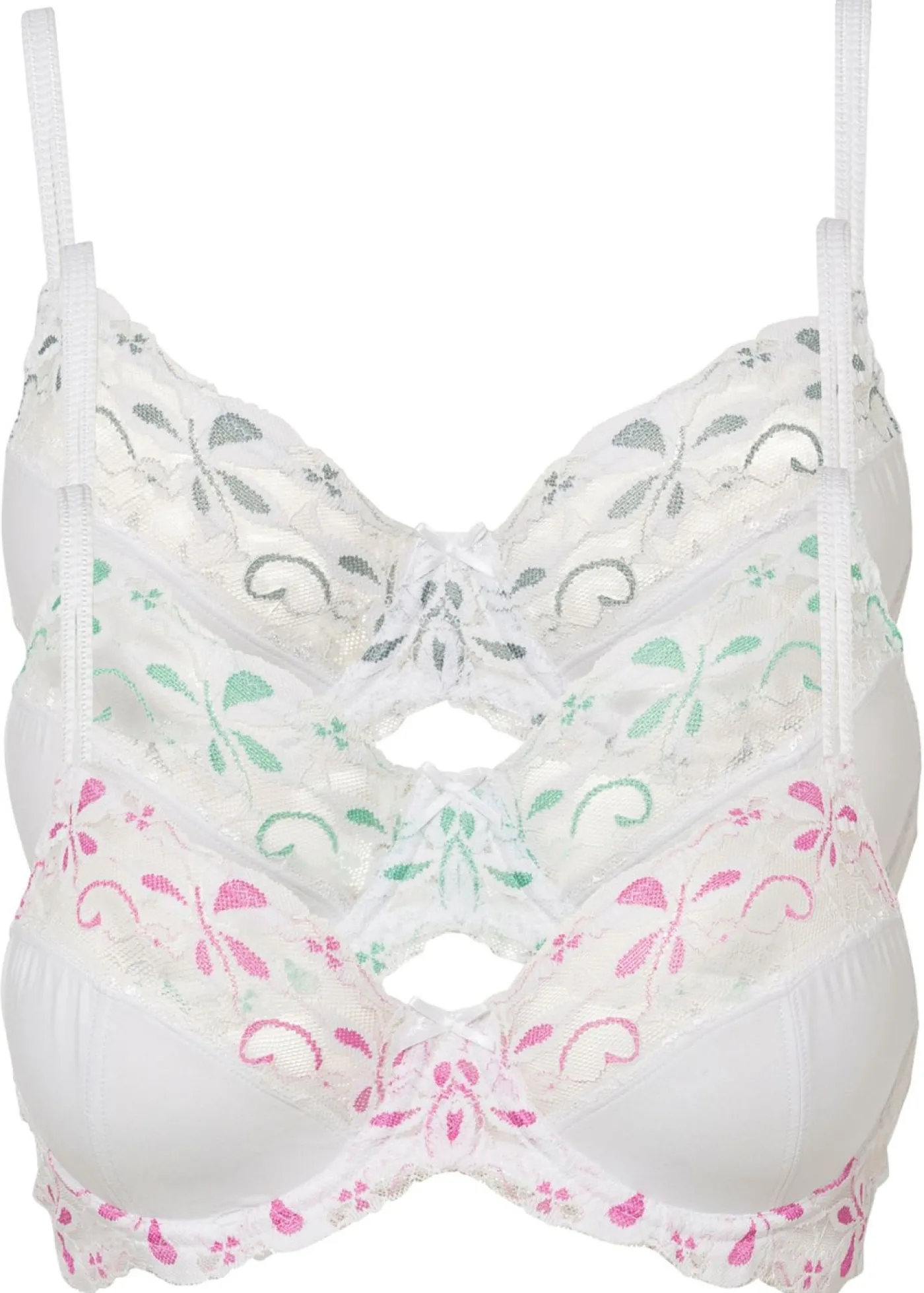 bonprix bonprix Sujetador con aros y encaje delicado (3 unidades) blanco-rosa + blanco-gris + blanco-turquesa Outlet