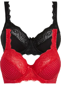 bonprix bonprix Sujetador con aros y encaje delicado (2 unidades) Rojo intenso/blanco de lunares + negro Best