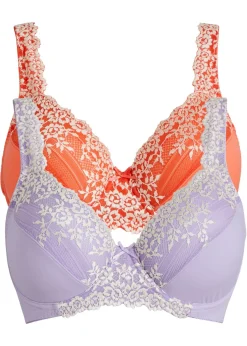 bonprix bonprix Sujetador con aros y encaje delicado (2 unidades) Naranja salmón + violeta claro de flores Best
