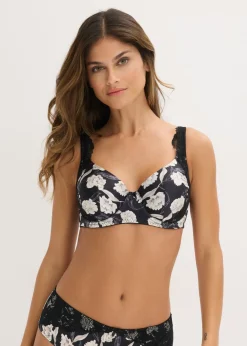 bonprix bonprix Sujetador con efecto brillante y detalles de encaje Negro con flores Sale