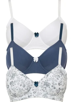 bonprix bonprix Sujetador de algodón con aros (3 unidades) Índigo/blanco de flores + blanco + índigo Hot