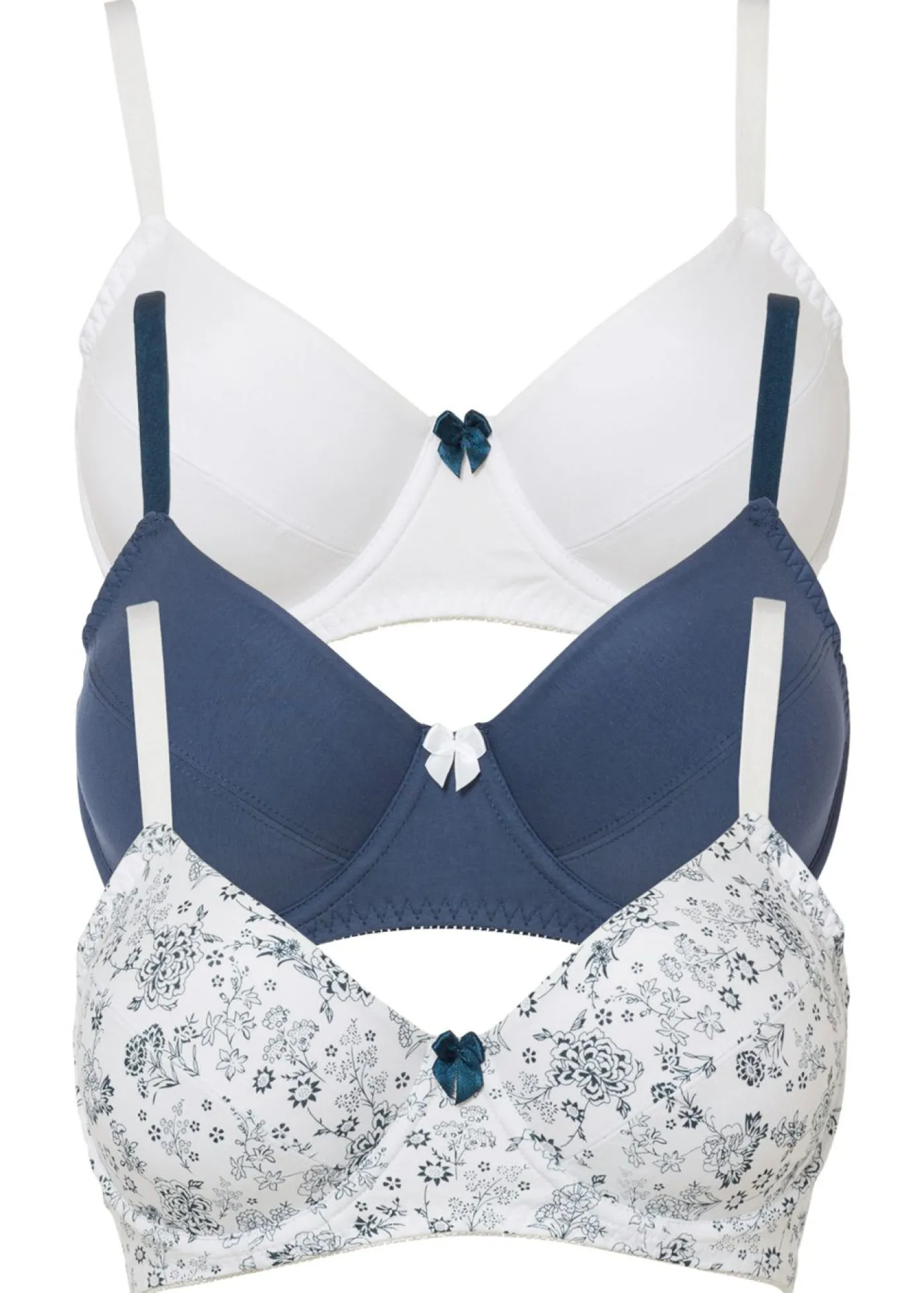 bonprix bonprix Sujetador de algodón con aros (3 unidades) Índigo/blanco de flores + blanco + índigo Hot