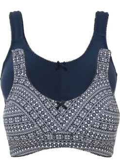 bonprix bonprix Sujetador de algodón orgánico sin aros (2 unidades) Azul oscuro-blanco estampado + azul oscuro Clearance