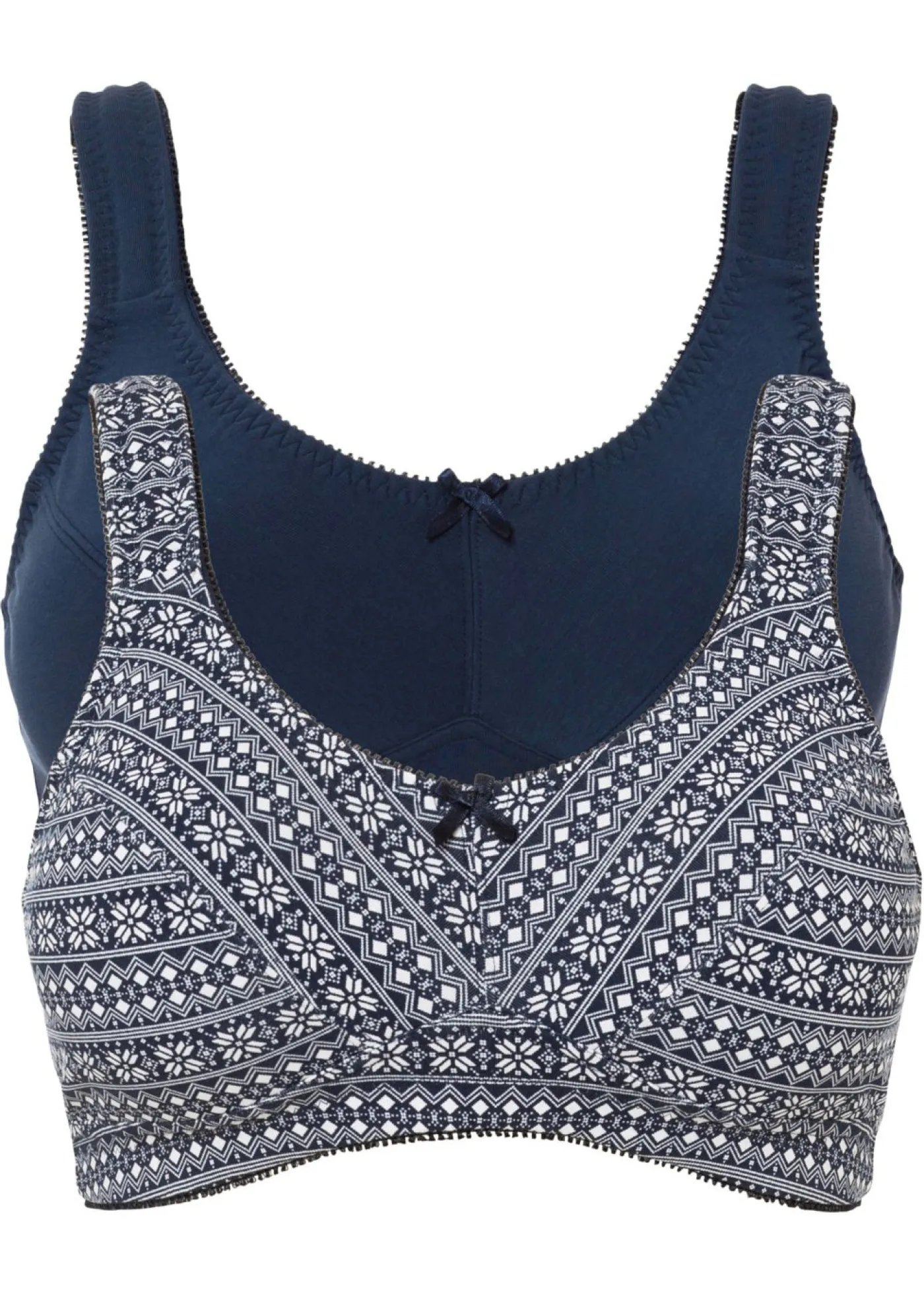 bonprix bonprix Sujetador de algodón orgánico sin aros (2 unidades) Azul oscuro-blanco estampado + azul oscuro Clearance