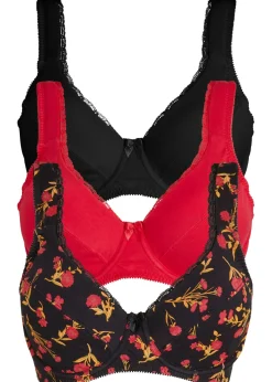 bonprix bonprix Sujetador de algodón orgánico con aros (3 unidades) Negro de flores + rojo granate + negro Online