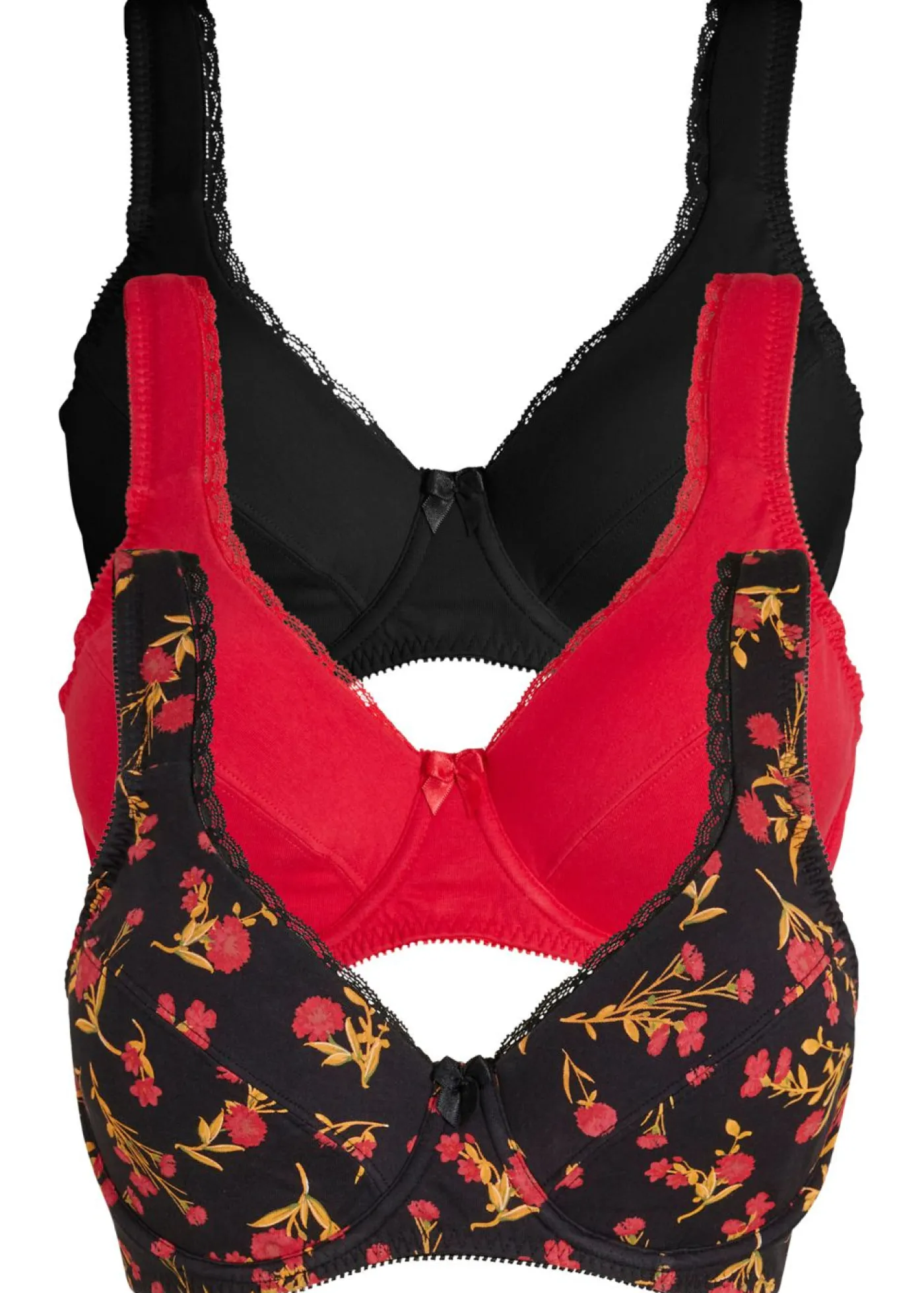 bonprix bonprix Sujetador de algodón orgánico con aros (3 unidades) Negro de flores + rojo granate + negro Online