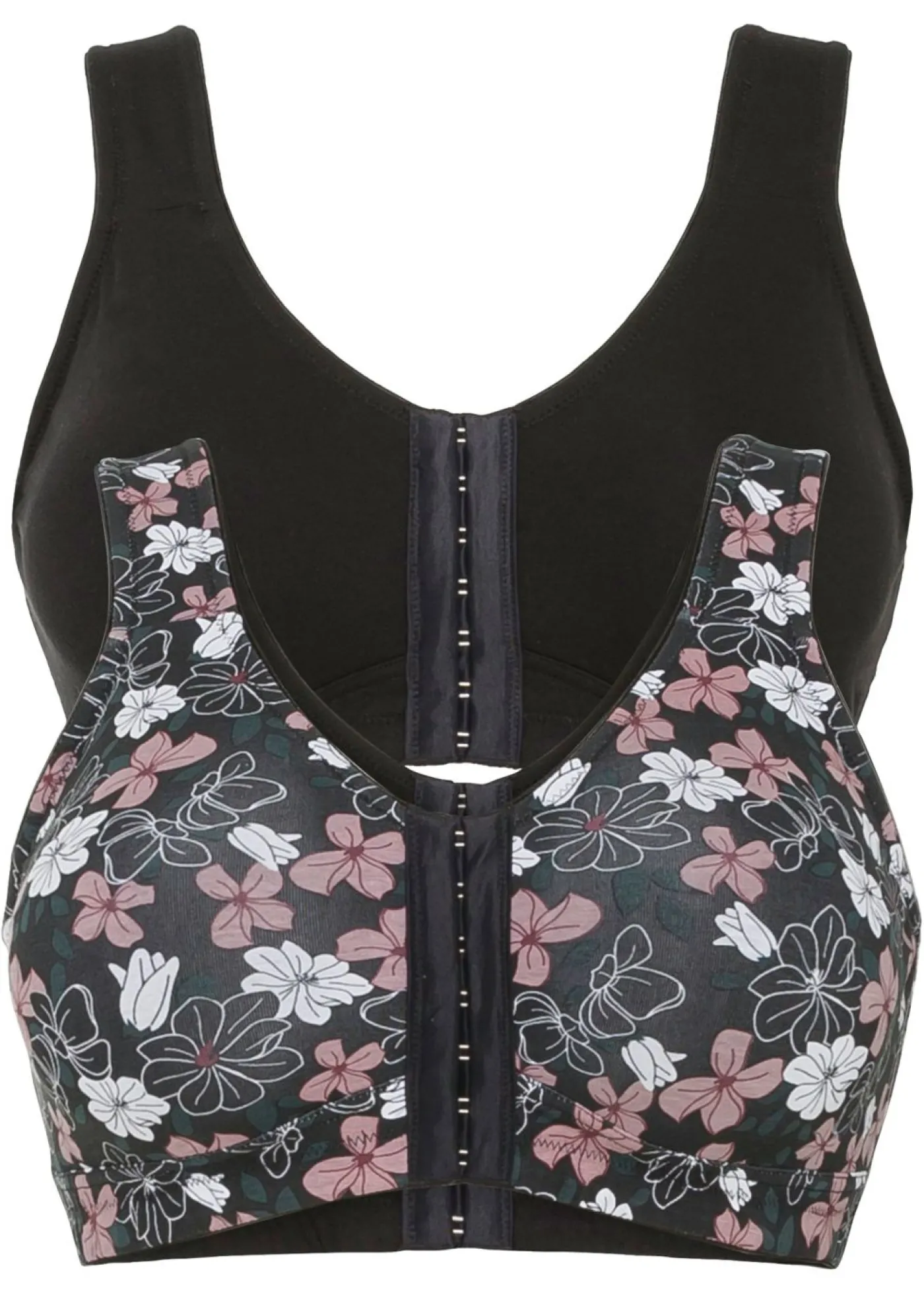 bonprix bonprix Sujetador de cierre frontal, sin aros, con algodón (2 unidades) Negro estampado + negro Sale