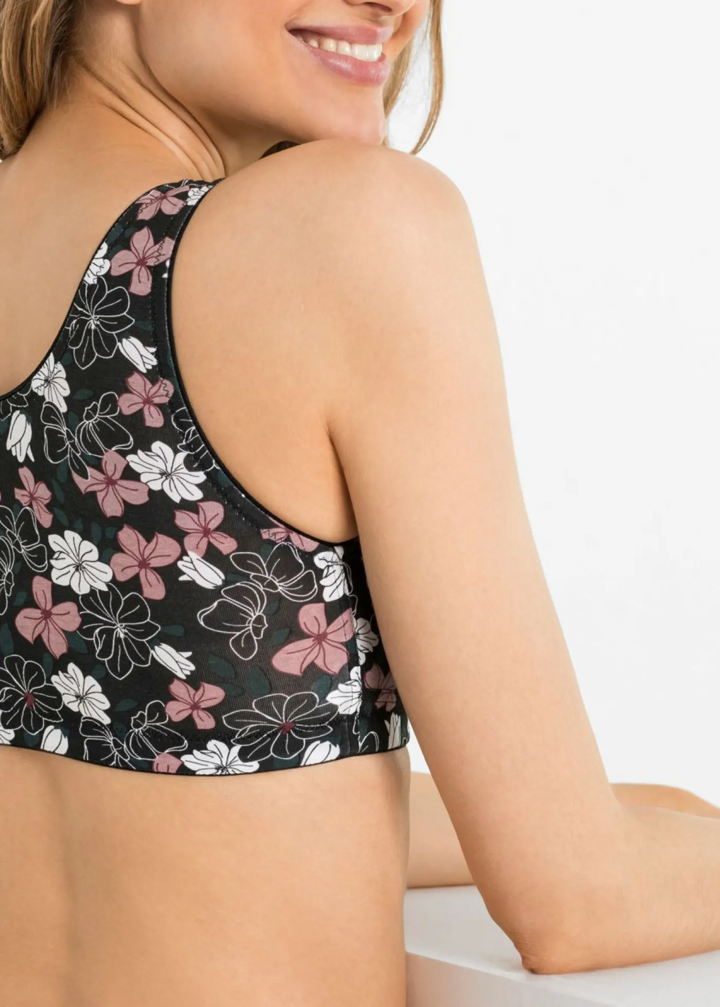 bonprix bonprix Sujetador de cierre frontal, sin aros, con algodón (2 unidades) Negro estampado + negro Sale