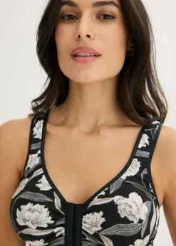 bonprix bonprix Sujetador de cierre frontal, sin aros, con algodón orgánico (2 unidades) negro-blanco empolvado con flores New