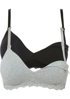 bonprix bonprix Sujetador de lactancia sin aros con algodón orgánico (2 unidades) gris claro jaspeado+negro Sale