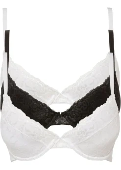 bonprix bonprix Sujetador push-up con encaje fino (3 unidades) Negro-blanco Sale