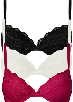 bonprix bonprix Sujetador push-up con encaje fino (3 unidades) fucsia - crema suave - negro Online