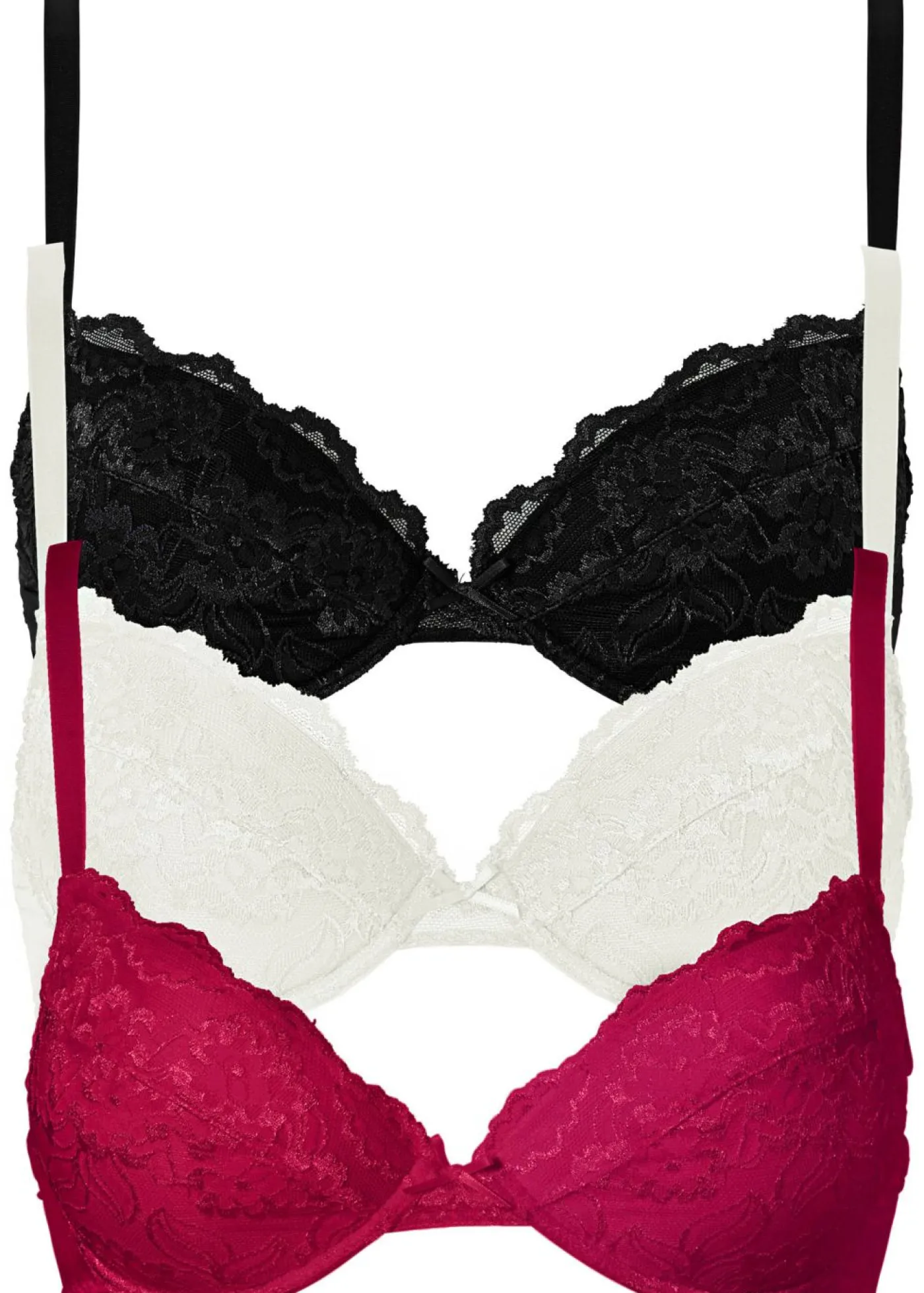 bonprix bonprix Sujetador push-up con encaje fino (3 unidades) fucsia - crema suave - negro Online