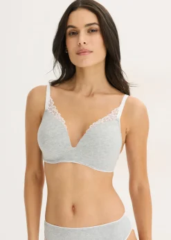 bonprix bonprix Sujetador sin aros con algodón y encaje Gris claro jaspeado-blanco Outlet