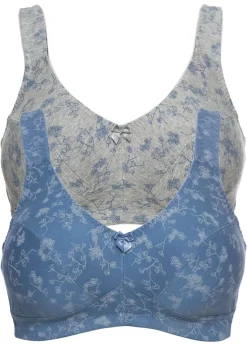 bonprix bonprix Sujetador sin aros con suave algodón orgánico (2 unidades) denim azul - gris claro moteado floral Hot