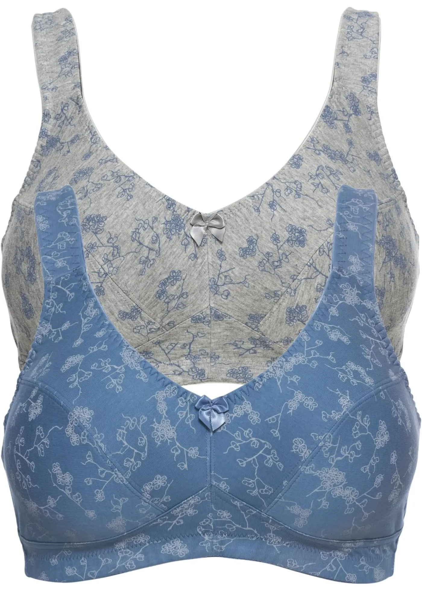 bonprix bonprix Sujetador sin aros con suave algodón orgánico (2 unidades) denim azul - gris claro moteado floral Hot