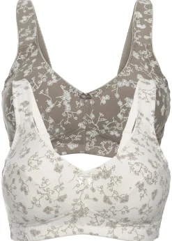 bonprix bonprix Sujetador sin aros con suave algodón orgánico (2 unidades) Blanco lana + marrón grisáceo de flores Outlet