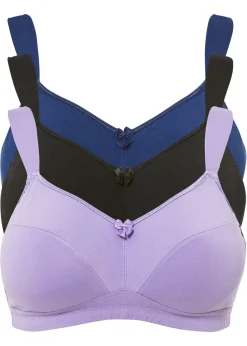 bonprix bonprix Sujetador sin aros de algodón (3 unidades) Lila claro + negro + azul noche Sale
